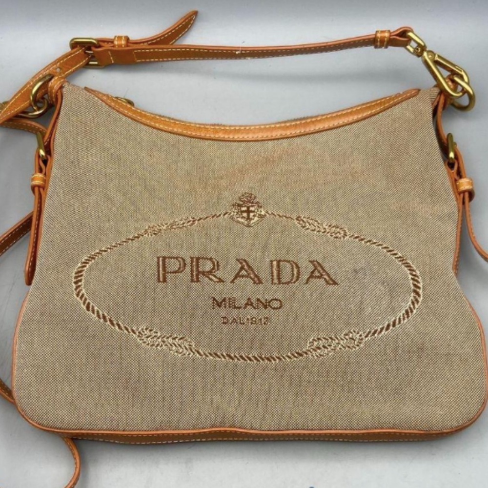 Prada Brown Canvas And Leather Canapa Logo Shoulder Bag
